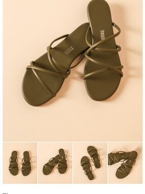 TKEES Sloane Olive Green Minimalist Strappy Slide Sandals Sz 7.5
